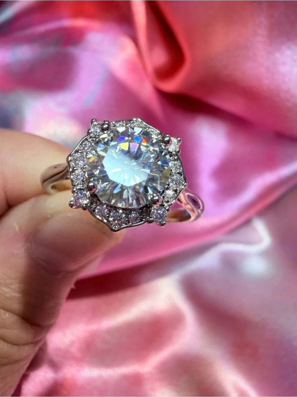 New Statement Moissanite 2 Carat 18 K Overlay with Sparkling Halo of Diamonds